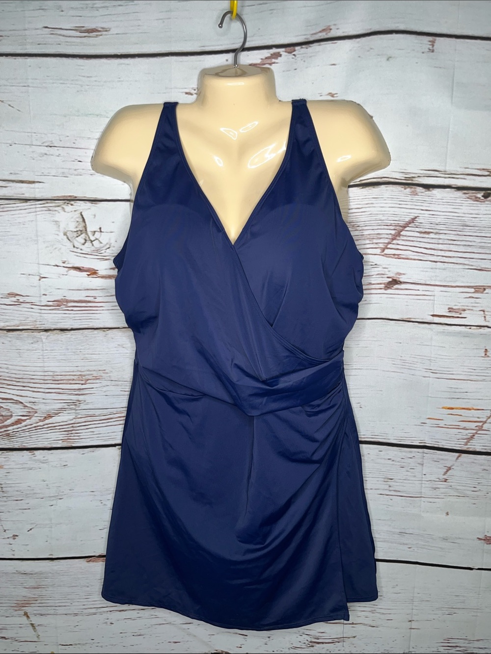 Denim & Co. Beach NWOT 16 Navy Blue Wrap Style One Piece Bathing Suit Swimdress